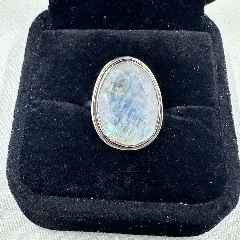 Rainbow Moonstone Sterling Silver Style Ring Size 6 Blue Flash